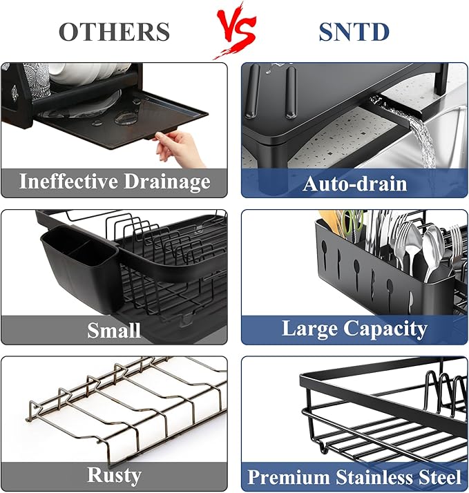 SNTD Dish Drying Rack for Kitchen Counter - Large Dish Rack with Drainboard, Rustproof Dish Drainer with Utensil Holder for Sink, Black - Image 3