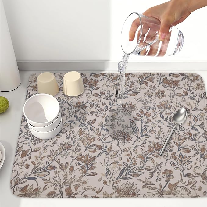 Vintage Floral Dish Drying Mat for Kitchen Counter Brown Antique Flower Microfiber Dish Drainer Mat Rustic Neutral Absorbent Washable Drying Pad Extra Large 18"x24"