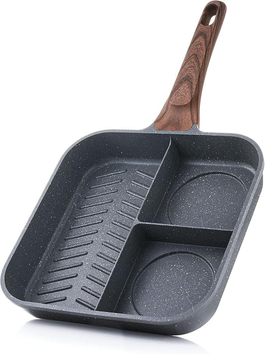 SENSARTE Nonstick Divided Grill Pan for Stove Tops, 3-Section Versatile Breakfast Grilling Pan, Durable Square Grill Skillet, Steak Griddle Pan, PFOA, PFOS, APEO Free, Induction Compatible, 9.5 Inch by SENSARTE