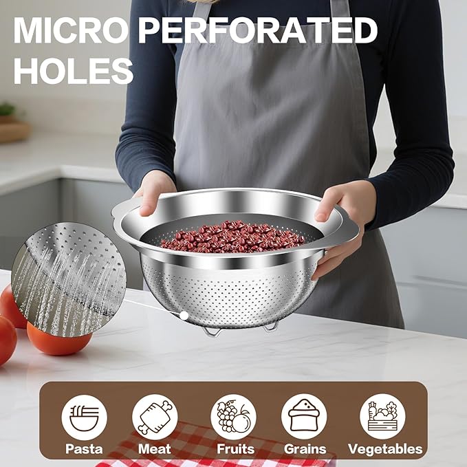 Stainless Steel Strainers for Kitchen, Stainless Steel Colander, Kitchen Strainer for Pasta Fruit Veggie Hot Food, 2 Pack Strainers and Colanders(2QT & 3QT), Dishwasher Safe, Silver - Image 4