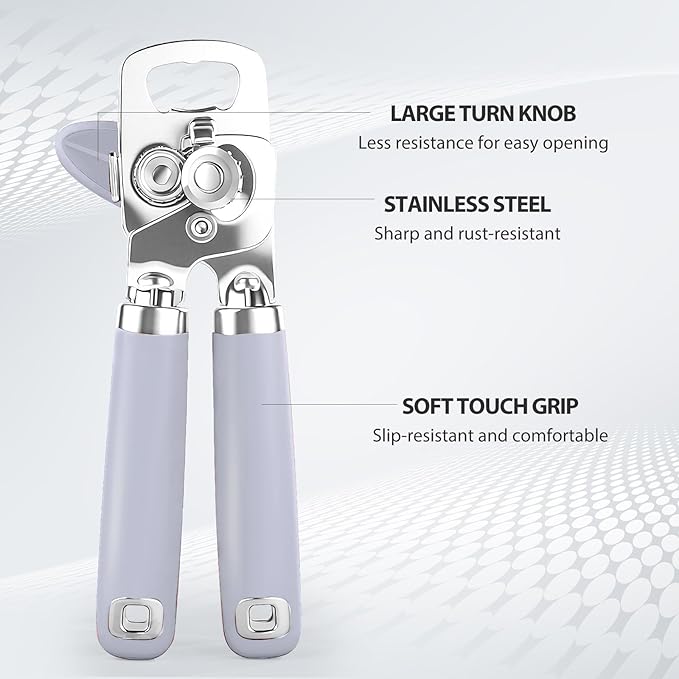 Safring Can Opener Manual, Heavy Duty Stainless Steel Smooth Edge Can Opener With Soft Touch Handle, Oversized Handheld Easy Turn Knob, Multi-Function Bottle Opener, Lavender