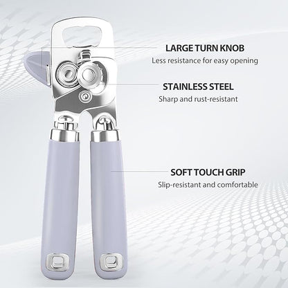 Safring Can Opener Manual, Heavy Duty Stainless Steel Smooth Edge Can Opener With Soft Touch Handle, Oversized Handheld Easy Turn Knob, Multi-Function Bottle Opener, Lavender
