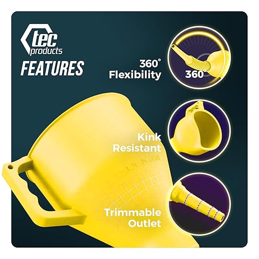 TEC Products FlexAll Long Flexible Funnels - Automotive Oil Funnel with Hose, Durable Nitrile Rubber for Oil Change, Transmission Funnel Fluid, Diesel, Fuel, Gas - Made in USA - Yellow (16 x 5 Inches) - Image 5
