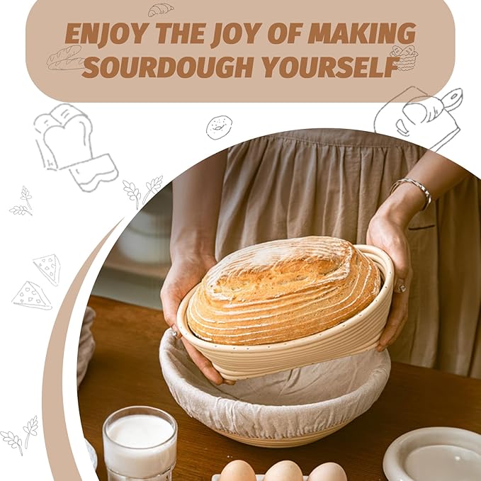 Sourdough Proofing Basket Gift Set, 9" Round and 10" Oval Banneton Bread Baking Supplies, Sourdough Baskets with Bread Lame, Danish Whish, Bowl Scraper, Sourdough Scraper, and Linen Liner - Image 6