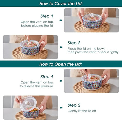 vancasso 36 oz Ceramic Bowls with Lids Set of 4, 6 Inch Food Storage Containers & Prep Bowls for Leftovers, Soup, Cereal, Meal Prep, Office Lunch, Microwave & Dishwasher Safe, Series SIMI