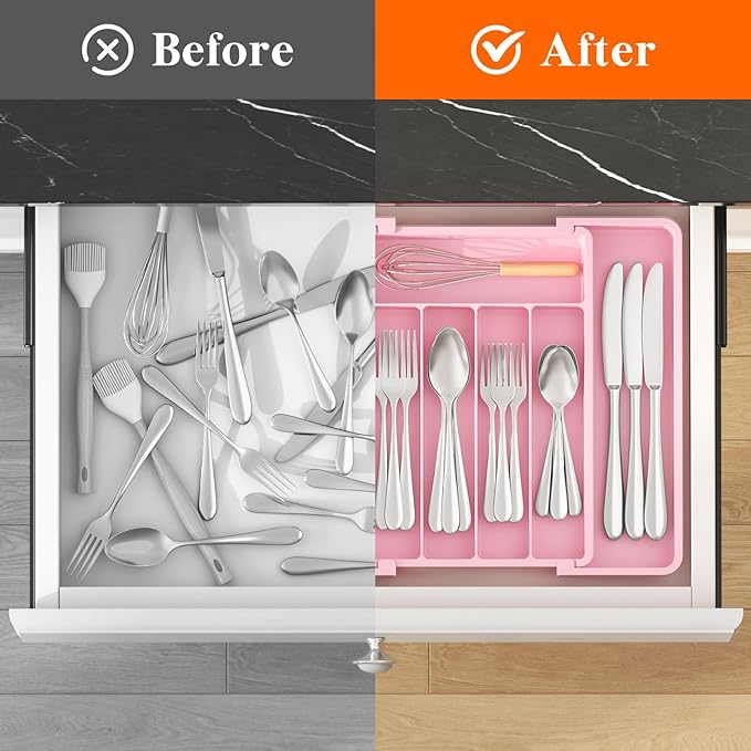 Lifewit Silverware Drawer Organizer, Expandable Utensil Tray for Kitchen, BPA Free Flatware and Cutlery Holder, Adjustable Plastic Storage for Spoons Forks Knives, 8.5"-14.1" x 12.1", Pink - Image 4