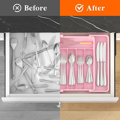 Lifewit Silverware Drawer Organizer, Expandable Utensil Tray for Kitchen, BPA Free Flatware and Cutlery Holder, Adjustable Plastic Storage for Spoons Forks Knives, 8.5"-14.1" x 12.1", Pink - Image 4