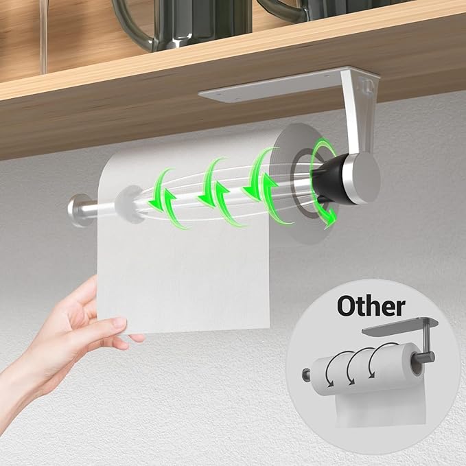 Paper Towel Holder Under Cabinet with Damping Effect, Single-Hand Operable Wall Mount Paper Towel Holder for Kitchen/Bathroom, Under Counter Self-Adhesive/Drilled Kitchen Towel Holder - Image 2