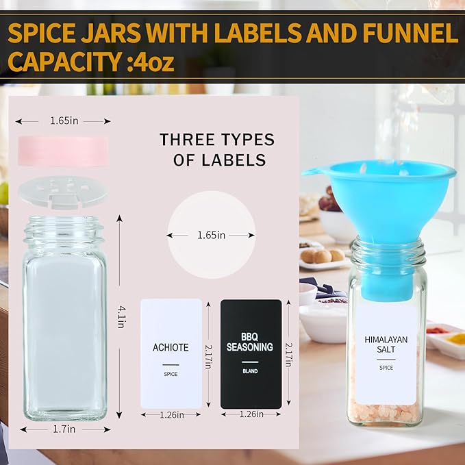 48 Glass Spice Jars with Labels, Spice Jar Set, 4oz Seasoning Containers, Spice Containers with Pink Airtight Lids and Shaker Lids, Square Empty Spice Bottles, 492 Labels, 1 Funnel - Image 3