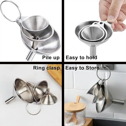 Funnels for Kitchen Bottle Filling, Lmoszuak Mini Stainless Steel Funnels, Multi-use Small Kitchen Funnel Set of 3, for Transferring Liquid, Fluid, Essential Oils, Powder,Tiny Spices,Dishwasher Safe