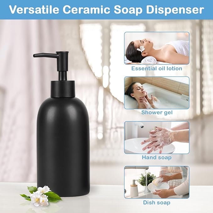 Natheeph 14OZ Ceramic Soap Dispenser Ceramic Soap Pump Dispenser Can Fill Liquid for Bathroom/Kitchen (Black) - Image 6