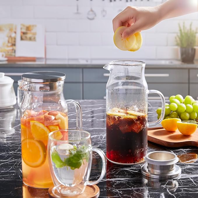 Bivvclaz 1.2 Liter 40 oz Small Glass Pitcher with Lid and Handle, Glass Carafe for Hot/Cold Water, Iced Tea Jug for Coffee, Juice and Homemade Beverage - Image 7