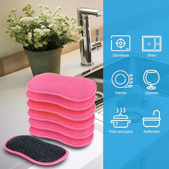 HOMEXCEL 12 Pack Multi-Purpose Scrub Sponges Kitchen Dish Sponge Non-Scratch Microfiber Sponge for Efficiently Cleaning Dishes Pots Pans Pink - Image 3