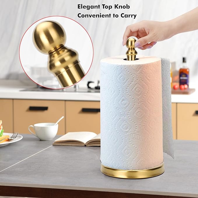 Gold Paper Towel Holder Countertop, Standing Paper Towel Roll Holder for Kitchen Bathroom, with Weighted Base for One-Handed Operation (Gold) - Image 2