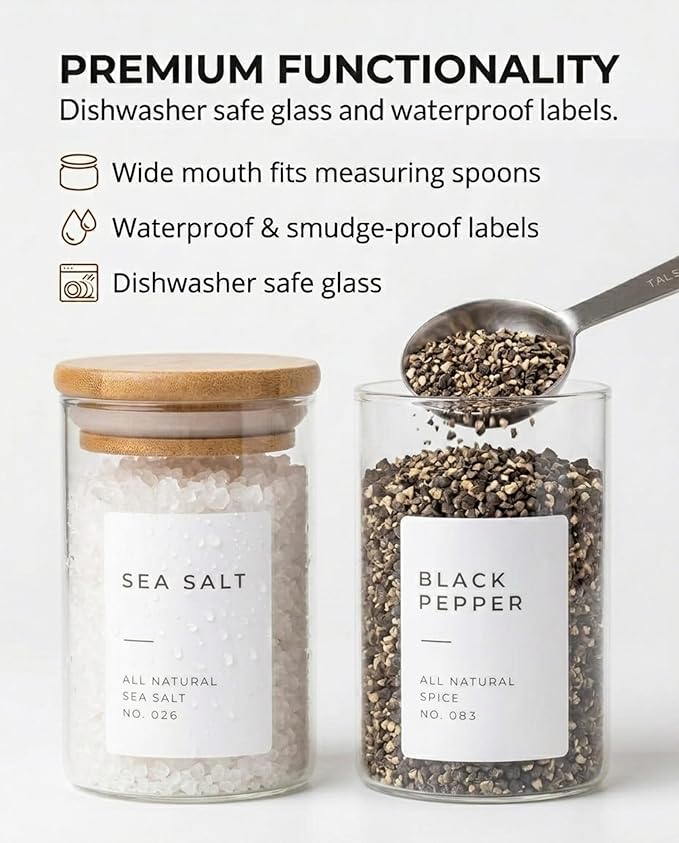 Bloomondo Empty Spice Jars with Label Pack (12x Bamboo Lid Glass Jar). Small 6oz Spice Storage Bottles with 112 Printed Stickers and 48 Writable Pantry Labels for Seasoning Containers - Image 4