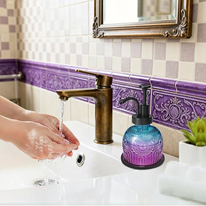 SheeChung Vintage Soap Dispenser, Kitchen Dish Soap Dispensers with Pump Mat, Glass Hand Soap Dispenser for Bathroom, Liquid, Lotion, Refillable, Rustic Farmhouse Decor-Purple Blue (Black Pump, 1 pk)