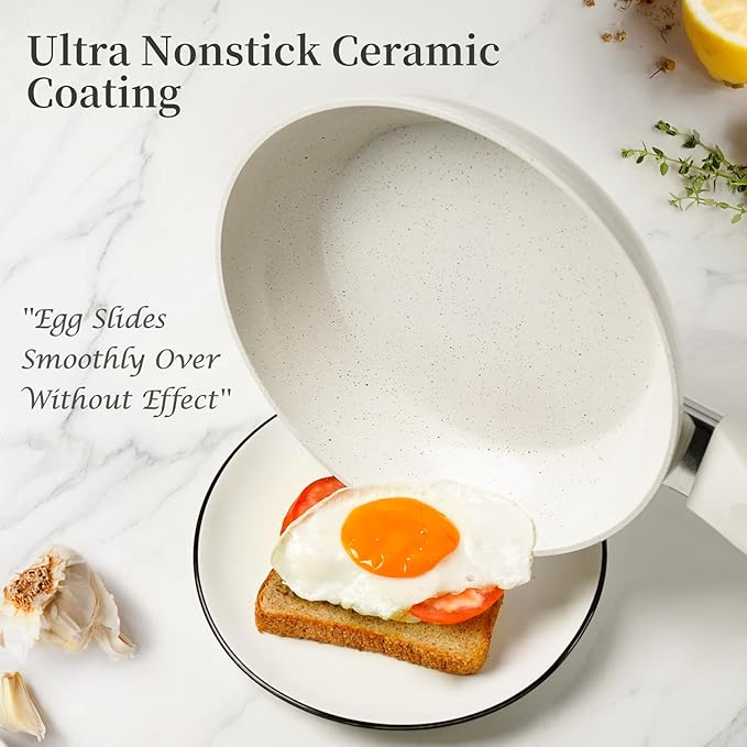 Ceramic Non Stick Frying Pan - 9.5 Inch Ceramic White Non Stick Skillet Frying Pans, Safe&No Toxic Egg Omelette Frying Pan, Nonstick Cookware Cooking Pan, Induction Compatible, PFOA&PFAS Free - Image 4