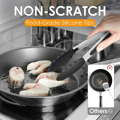 HOTEC Premium 7 & 9 Inch Kitchen Tongs, Stainless Steel Locking Cooking Tongs with Silicone Tips, Non-Scratch & Heat Resistant, Serving Tongs for Salad, BBQ, Black, Set of 2 - Image 5