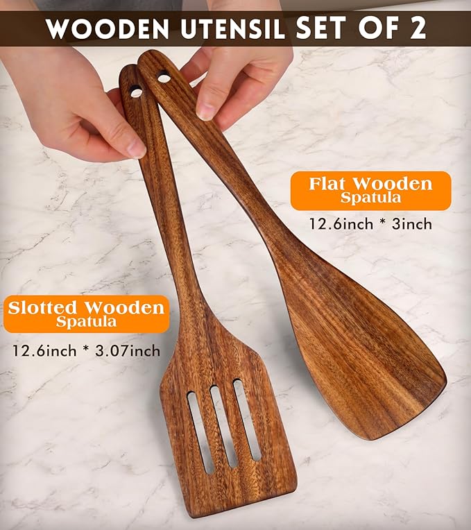 2Pcs Wooden Spatula, Acacia Wooden Spatula for Kitchen Use, Nonstick Cookware Safe Utensils Set including Turner and Slotted Turner, Ideal Cooking Utensils Gift Set for Cooking, Frying, Baking - Image 2