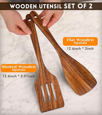 2Pcs Wooden Spatula, Acacia Wooden Spatula for Kitchen Use, Nonstick Cookware Safe Utensils Set including Turner and Slotted Turner, Ideal Cooking Utensils Gift Set for Cooking, Frying, Baking - Image 2