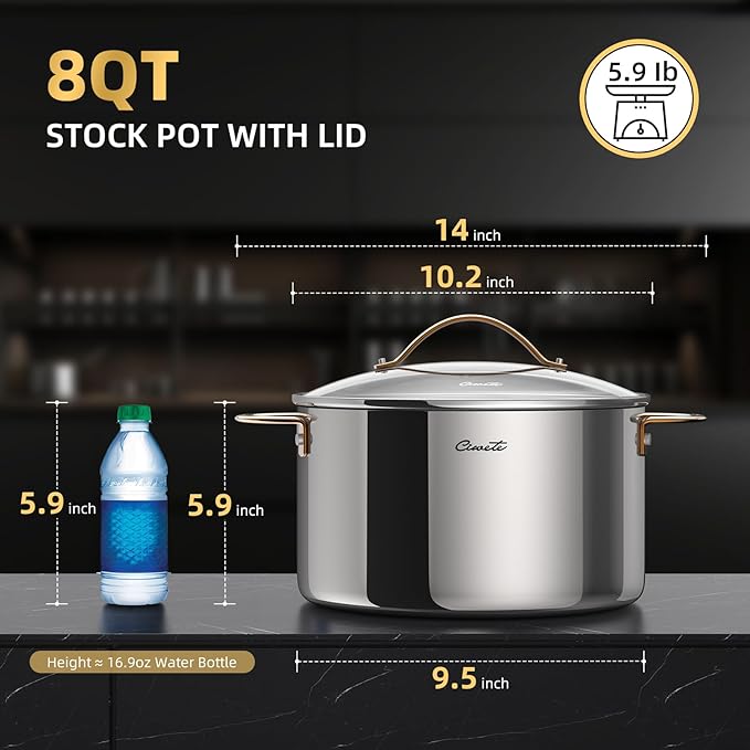 Ciwete 8 Quart Stock Pot with Lid, Upgraded Tri-Ply Stainless Steel Pot, Seamless Soup Pot with Stay-Cool Brass Handle, Healthy Polished Stockpots, Induction Cookware, Oven and Dishwasher Safe - Image 2