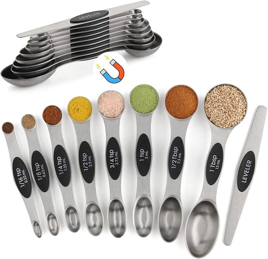 Measuring Spoon Set of 9 Magnetic Measuring Spoons Dual Sided Stainless Steel Measuring Spoons Stackable Nesting Tablespoon Teaspoon, Fits in Spice Jars, for Dry or Liquid Ingredients