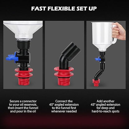 18-Piece Engine Oil Funnel Kit, 1.59QT/1.5L Automotive Oil Funnel Set with 12 Adapters, Elbow Fitting, Arrow Screen and Magnetic Storage Hooks Tray, Compatible with GM, Ford, BMW, Audi, Land Rover Etc - Image 4