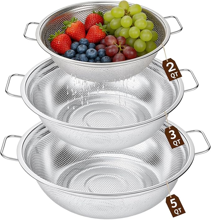 Colander Set of 3, Stainless Steel Micro-Perforated Colanders Strainers for Draining Rinsing Washing, Ideal for Pasta Vegetables Fruits, Heavy Duty & Dishwasher Safe by HomeGood4Less