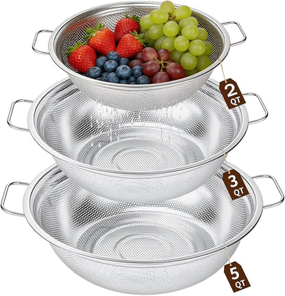Colander Set of 3, Stainless Steel Micro-Perforated Colanders Strainers for Draining Rinsing Washing, Ideal for Pasta Vegetables Fruits, Heavy Duty & Dishwasher Safe by HomeGood4Less