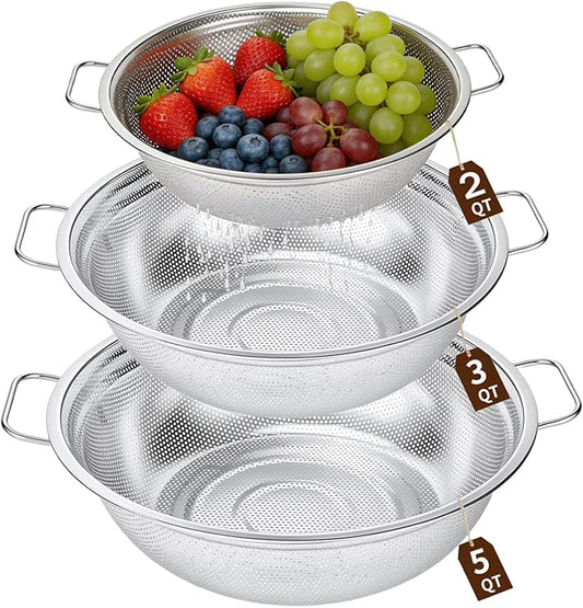 Colander Set of 3, Stainless Steel Micro-Perforated Colanders Strainers for Draining Rinsing Washing, Ideal for Pasta Vegetables Fruits, Heavy Duty & Dishwasher Safe by HomeGood4Less