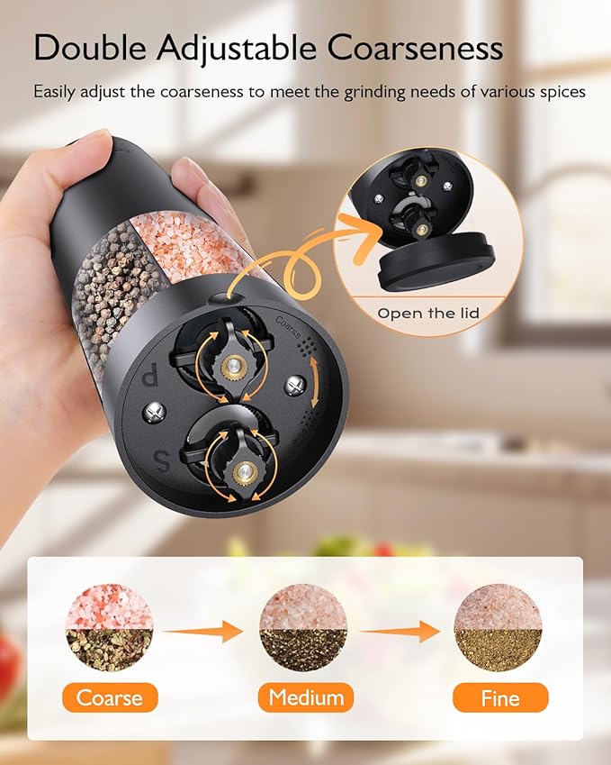 Electric Salt and Pepper Grinder Set, 2 in 1 Dual Bins USB Rechargeable Refillable Automatic Salt and Pepper Mill Shaker with LED Light, Dual Ceramic Grinder Adjustable Coarseness, kitchen gift, Black - Image 3