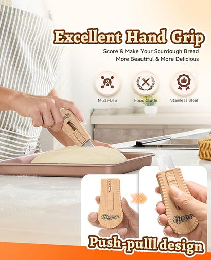 Sourdough Bread Lame, Magnetic Dough Scoring Tool with 5 Replaceable Blades, Ergonomic Handle for Easy Scoring, Ideal for Artisan Breads, Baguettes, and Bread Making Supplies (Wood)