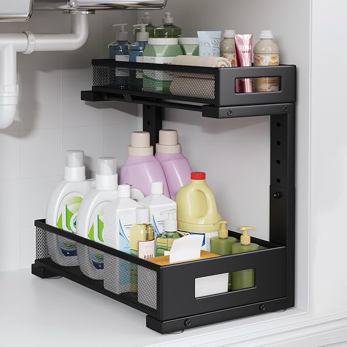 1 Pack-11.4"-16.14"H Under Sink Storage Organizer, Large 2-Tier Elegant Mesh Pull Out Shelf for Kitchen and Bathroom Cabinet Organization, L-Shaped and Adjustable Height Design for Maximum Space-Black by UnderSinkOrganizer