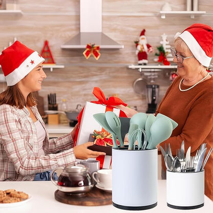 LIBODOUR Kitchen Utensil Holder Extra Large Rotating For Counter Organizer Stainless Steel Storage Cooking Silverware Caddy 3 Compartment Flatware Spoon Spatula Tool Cutlery Container(2 Set White) - Image 2