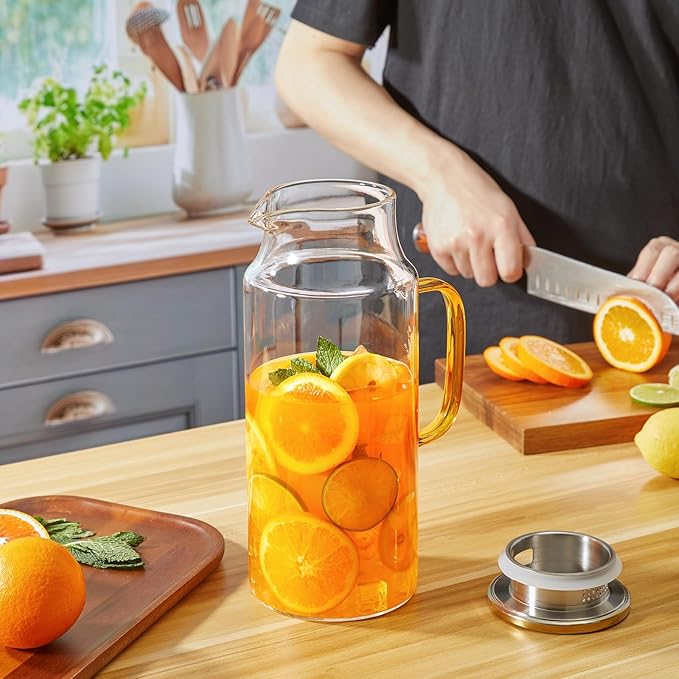 2 Liter 68 oz Glass Pitcher with Lid and Handle, Gold Glass Carafe for Fridge, Water Pitcher for Hot/Cold Water, Large Jug for Iced Tea, Coffee, Juice and Homemade Beverage