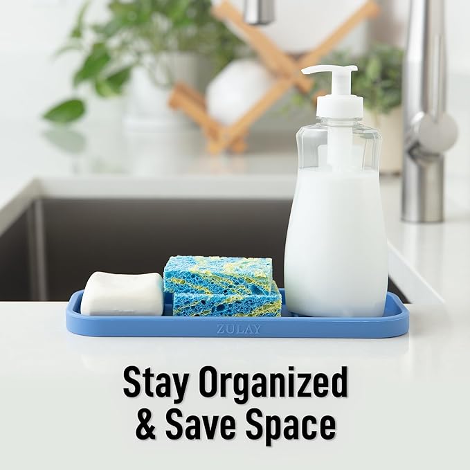 Zulay Kitchen (9x3.5) Silicone Sponge Holder for Kitchen Sink - Flexible Multipurpose Soap Tray Sponge Holder - Sink Organizer Tray for, Bathroom, Makeup, Trinkets & More (Provence Blue) - Image 6