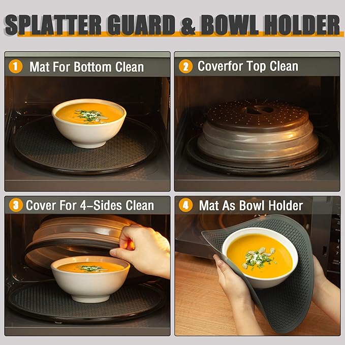 12"&10" Microwave food Cover and Mat,Large Vented Collapsible Splatter Guard dish Plate lid & Silicone Round Kitchen mat,4 in 1 - Image 8