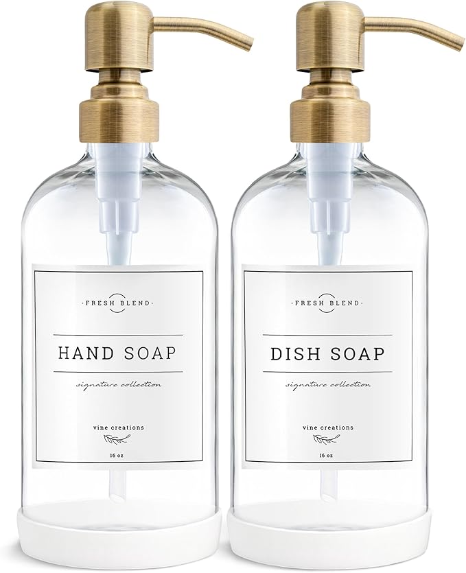 Vine Creations Clear Glass Soap Dispenser, 2 Pack Kitchen Soap Dispenser Set with Stainless Steel Pump, 16 oz Dish Soap and Hand Soap Dispensers for Bathroom with Waterproof Labels by VineCreations