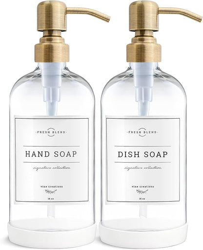 Vine Creations Clear Glass Soap Dispenser, 2 Pack Kitchen Soap Dispenser Set with Stainless Steel Pump, 16 oz Dish Soap and Hand Soap Dispensers for Bathroom with Waterproof Labels by VineCreations