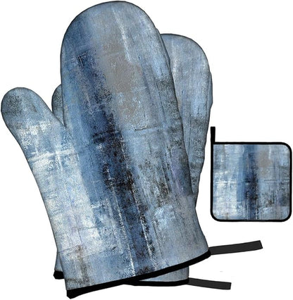LOKMU Oven Mitts and Pot Holders Set of 3, Blue and Grey White Abstract Art Heat Resistant Kitchen Gloves Hot Pads for Cooking Baking BBQ, Kitchen Decor Gifts for Cooking Lover Cooks