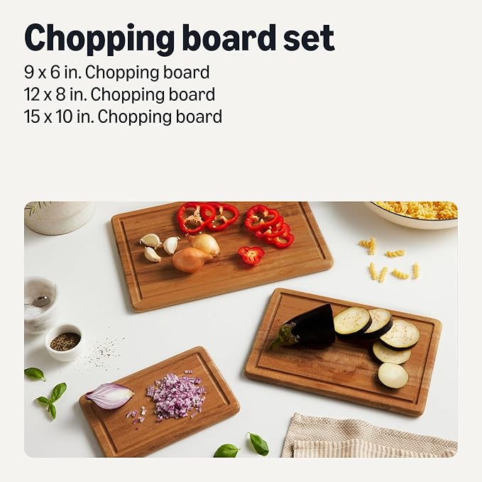 Amazon Basics Wooden Chopping Boards, 3-Piece Set, Acacia Wood, Pre-Oiled with Juice Groove - Image 2