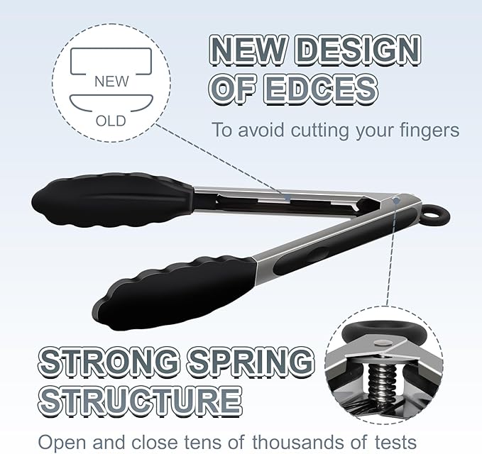 2 Pack Black Premium Stainless Steel Heat Resistant Kitchen Tongs for cooking,set of 9" and 12",Non Scratch Silicone cooking Tong Tip for Cooking Pans,Strong Grip BBQ tongs for Grabbing Hot Food - Image 4