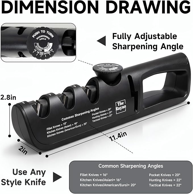 Knife Sharpener, 4-in-1 with Non-Slip Base and Adjustable Angle Guide, Perfect for Fruit Knives, Steel Knives & Scissors, Repair, Restore & Polish Blade (Black)