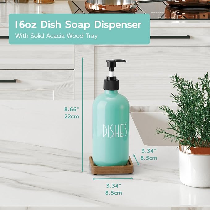 Turquoise Glass Dish Soap Dispenser with Acacia Wood Tray, 16 oz Refillable Kitchen Soap Pump Bottle, Decorative Teal Countertop Soap Dispenser Set for Kitchen, Bathroom, Restaurant - Image 5