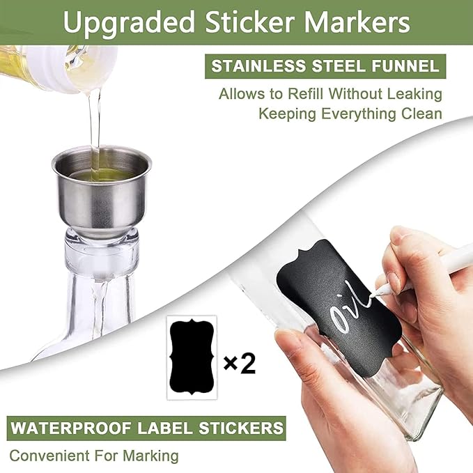 Leaflai Olive Oil Dispenser Bottle, 1 Pcs Glass Olive Oil Dispenser and Vinegar Dispenser Set with 2 Stainless Steel Pourers, 2 Labels,1 Brush and 1 Funnel Oil Bottles for Kitchen (500ml) - Image 6
