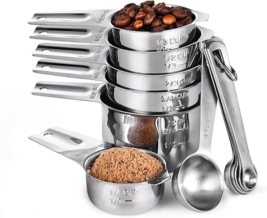 Measuring Cups and Spoons 12 Pieces: U-Taste 18/8 Stainless Steel Kitchen Metal Measure Gadgets, Heavy Duty Stackable Portion Teaspoon Tablespoon Scoop for Baking Cooking Dry & Liquid Food Ingredient by U-Taste