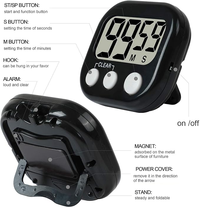 12 Pack Digital Kitchen Timer Large LCD Display Loud Alarm Strong Magnetic Stand, Minute Seconds Count Up Countdown and Simple Operation Timers for Cooking, Bathroom, Kids, Teacher, Classroom - Black - Image 2