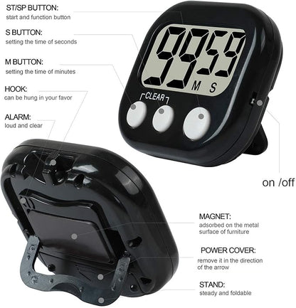 12 Pack Digital Kitchen Timer Large LCD Display Loud Alarm Strong Magnetic Stand, Minute Seconds Count Up Countdown and Simple Operation Timers for Cooking, Bathroom, Kids, Teacher, Classroom - Black - Image 2