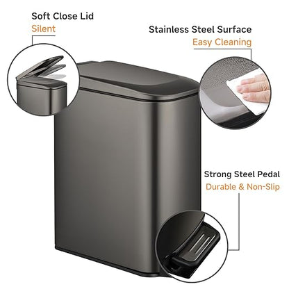 TIPGO Slim Bathroom Trash Can with Lid Soft Close, 6 Liter / 1.6 Gallon Stainless Steel Garbage Can with Removable Inner Bucket, Step Pedal, Small Trash Cans for Bedroom, Office, Kitchen (Black Gold) - Image 3