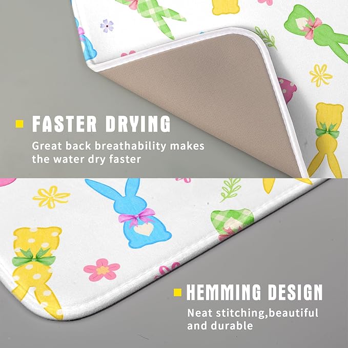 Easter Dish Drying Mat for Kitchen Counter Cute Bunny Floral Holiday Microfiber Absorbent Dish Draining Reusable Washable Foldable 16"x18" - Image 3